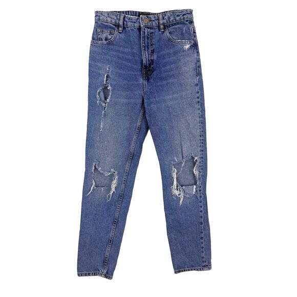 ZARA Ripped Distressed Mom Straight Crop High Rise Jeans 2 Mid Blue Wash EUC B11 - Picture 1 of 5